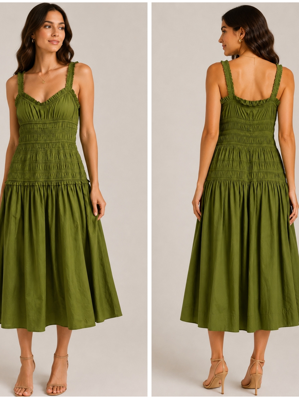 Caroline Constas, Dark Olive Green Smocked Midi Dress with Sweetheart Neckline